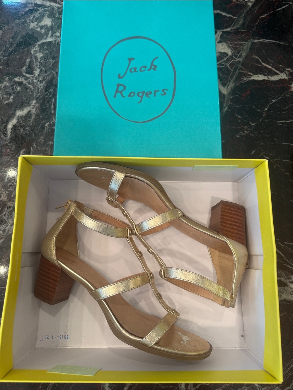 Jack Rogers Julia Metallic Gold T-Strap Block Heel Sandals